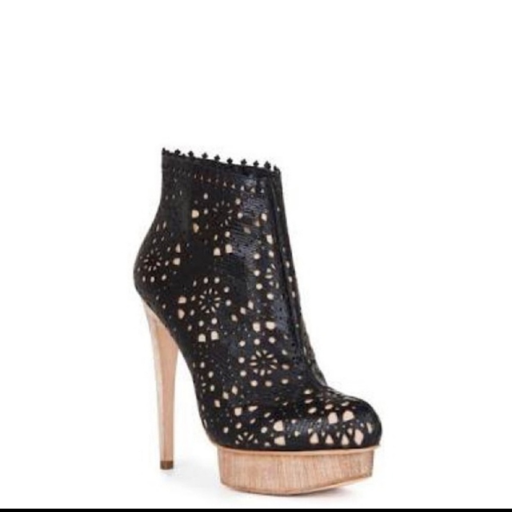Bcbgmaxazria NWT Black Perforated Print Leather Platform Booties